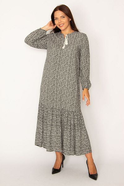 Şans Damen Große Größe Schwarz Gewebtes Viskose Stoff Rock Spitze Lagen Langarm Kleid 65n34323