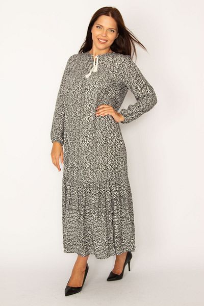Şans Damen Große Größe Schwarz Gewebtes Viskose Stoff Rock Spitze Lagen Langarm Kleid 65n34323