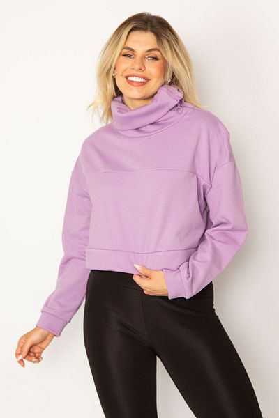 Şans Women's Large Size Lilac Shoulder Zippered Stand-Up Collar Detailed Sweatshirt with Ribbon Inside 65n34310