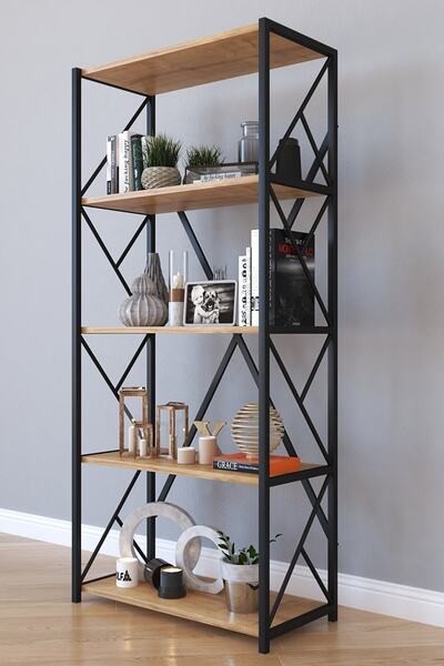 Tedarikcenter 5 Raflı Metal Kitaplık Modern Kitaplık Ofis Rafı Çok Amaçlı Metal Raf - Meşe