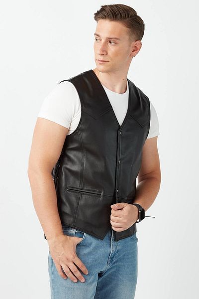Deriza Black Biker Style Genuine Leather Vest