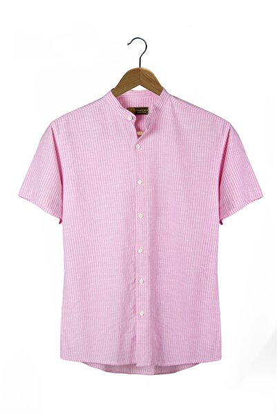 VEAVEN Erkek Pembe Hakim Yaka Kısa Kollu Çizgili Gömlek Vavn21k-4300571-3