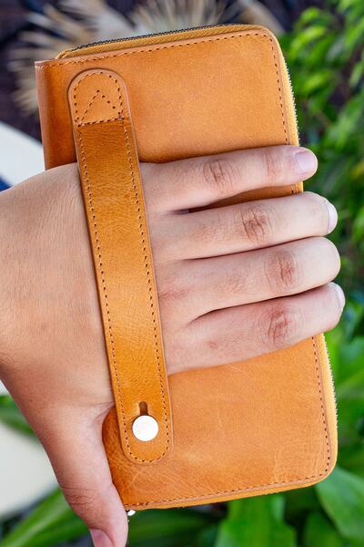 Garbalia Orleans Vintage Deri Hardal Sarısı Telefon Bölmeli Rfid Engelleyici El Çantası Cüzdan