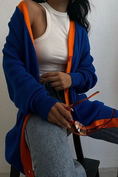 lovebox Women's Stripe Detailed Button Detailed Oversize Saxe Blue Long Cardigan 6609