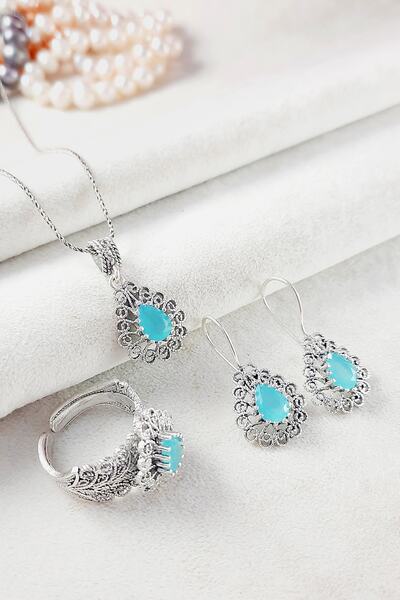 Altınışık Gümüşçülük 925 Ayar Gümüş Oksitli Telkari Takım Doğal Taşlı 45 Cm Z...