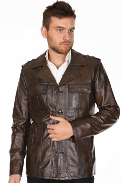 Derimont's Hakiki Deri Kahverengi Erkek Deri Mont Düğmeli Deri Ceket