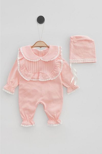 Banamio Marlyn Rib and Lace Detailed Cotton Jumpsuit and Hat Set Hospital Release (salmon)