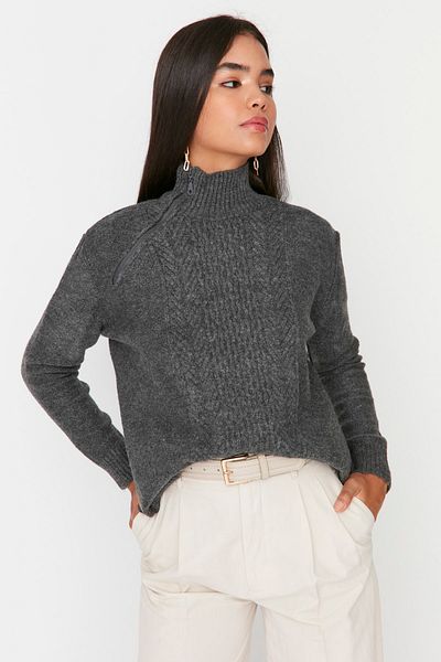 Trendyol Collection Anthracite Oversize Zip Detailed Knitwear Sweater TWOAW23KZ00909
