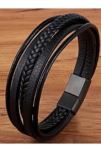 Erdem Men's Bracelet Real Genuine Leather Black 4-Piece Modern Design
