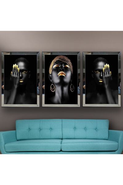 dbsanat Altın Saç Ve Makyajlı Afrikalı Kadın Temalı Aynalı Çerçeveli 3 Lü Kan...