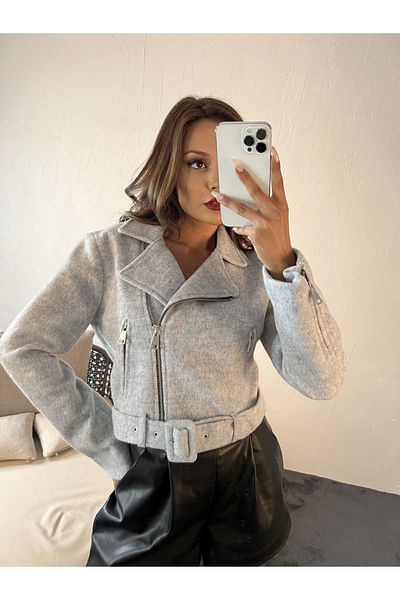 Fame Women's Belt Detailed Zippered Short Coat Gray