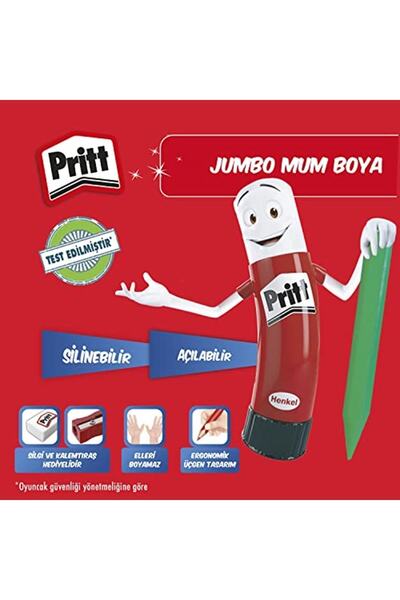 Pritt 12'li Jumbo Üçgen Silinebilir Pastel Boya (Mum Boya) + Silgi ve Kalemtıraş Hediyeli Ka