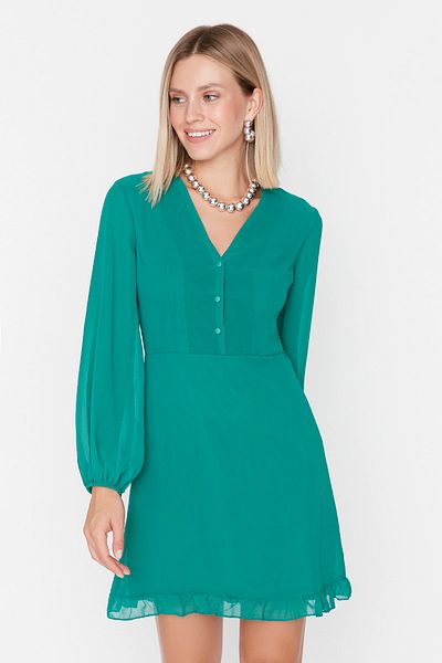 Trendyol Collection Smaragdgrünes Super-Mini-Webkleid mit Knopfdetail und Details TWOAW22EL0693