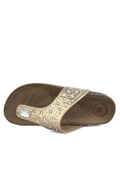 Cici Bebe Ayakkabı Genuine Leather Stoned Gold Anatomical Girls' Flip Flops