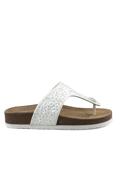 Cici Bebe Ayakkabı Genuine Leather Stoned White Anatomical Girls' Flip Flops
