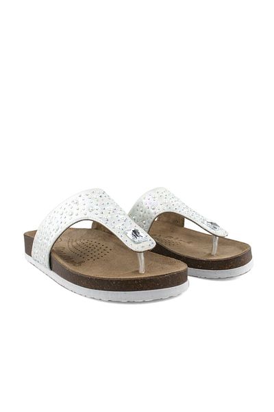 Cici Bebe Ayakkabı Genuine Leather Stoned White Anatomical Girls' Flip Flops