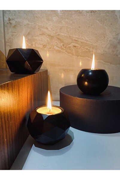 Genel Markalar Üçlü Tealight Beton Mumluk Set Siyah Ht