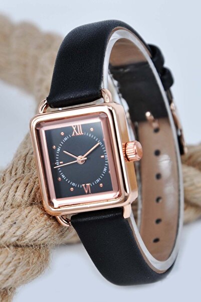 sonsuzsaat Bakır Renk Minimal Kare Kasa Siyah Deri Kordonlu Vintage Retro Kad...