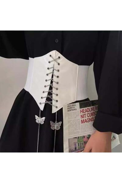 favorconsept Favoriconsept - Butterfly Chain Laced White Leather Corset with Bird Eyes
