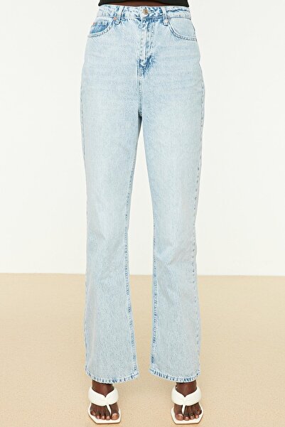 Trn JNS Pantaloni palazzo din denim cu picioare late, super înalte, din Lycra, Ice Blue