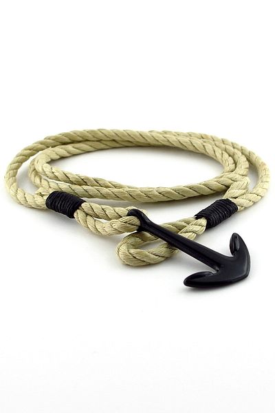 Solfera Cream Color Rope Three Rows Black Anchor Sailor Men's Bracelet M023f