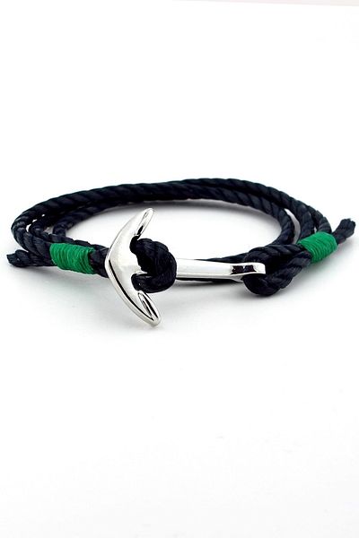Solfera Navy Blue Green Three Row Anchor Sailor Rope Men's Bracelet M023b