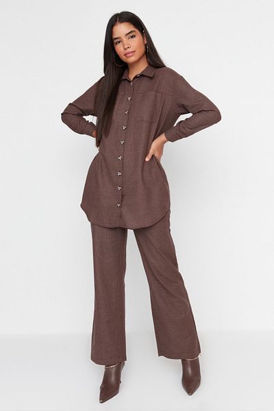 Trendyol Modest Καφέ Χειμερινό Πουκάμισο-Παντελόνι Υφαντό Σετ TCTAW23US00140