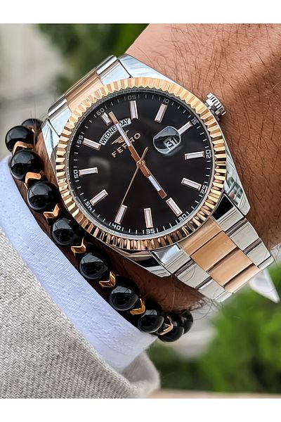 FERRO Brand Rose Steel Strap Waterproof Men's Watch + bracelet