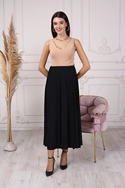 MasterTicaret Fekete talpú, redőzött női szoknya elasztikus derékkal