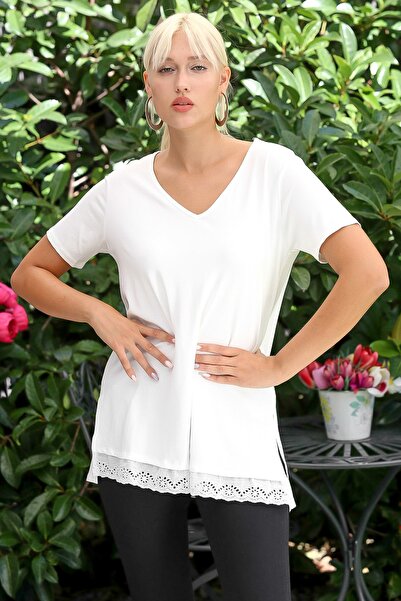 Chiccy Women's Cream Color V-Neck Short Sleeve Slit Maxi Regular Fit Casual Cotton Knitted Blouse