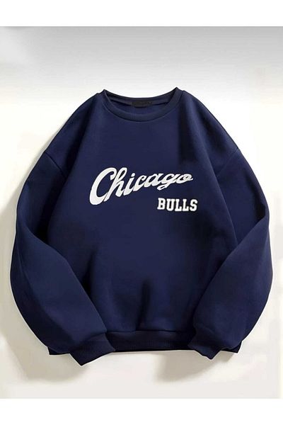 My Blog Navy Blue Oversize Chicago Bulls Printed Sweatshirt