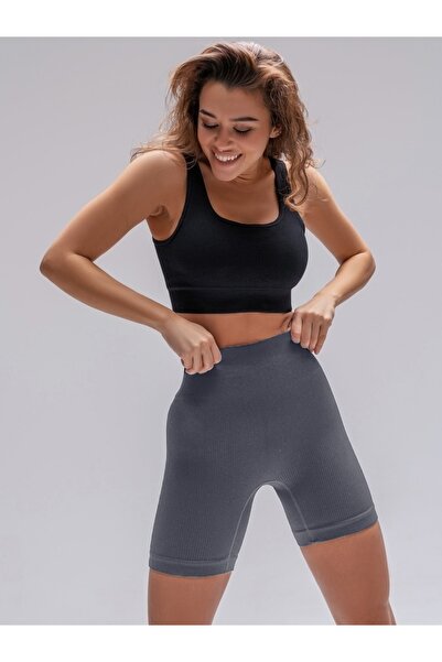 MİSTİRİK Dublin Model High Waist Ribbed Seamless Biker Shorts Gray Color027