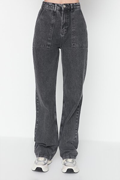 Trendyol Collection Anthracite High Waist Wide Leg Jeans with Pocket Detail TWOAW22JE0595