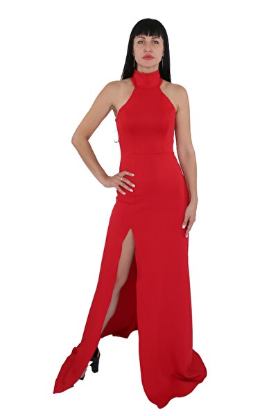 Styling Park Boğazlı Yırtmaçlı Uzun Elbise