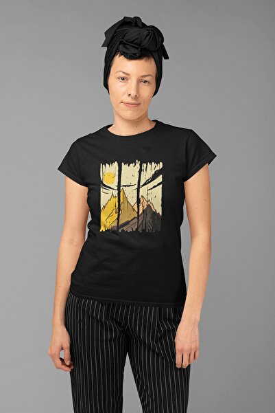 ErTaPassage Negru supradimensionat tricou - Munte și Soare cu imprimeu T9385821