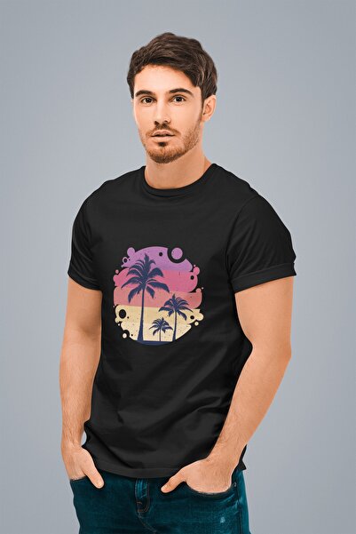 ErTaPassage Black Retro Palm cu imprimeu Bărbați supradimensionat tricou - T8...
