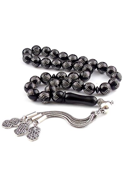 TAŞHAN 925 Ayar Gümüş Baklava Işlemeli Erzurum Oltu Taşı Tesbih