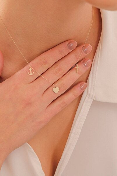 GÜMÜŞ 24 Ayar Has Altın Kaplama Çoklu Haç Kalp Çapa Kolye