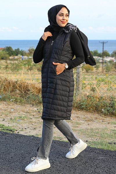 Bestenur Senay Black Hijab Puffer Vest - Double Pocket and Hood 341