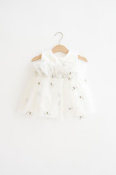 Banamio Serena Baby Girl Kid Cotton Lined Bow Detailed Embroidery Butterfly Dress (ecru)
