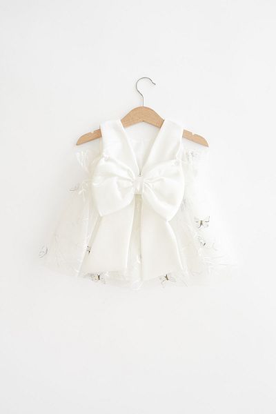 Banamio Serena Baby Girl Kid Cotton Lined Bow Detailed Embroidery Butterfly Dress (ecru)