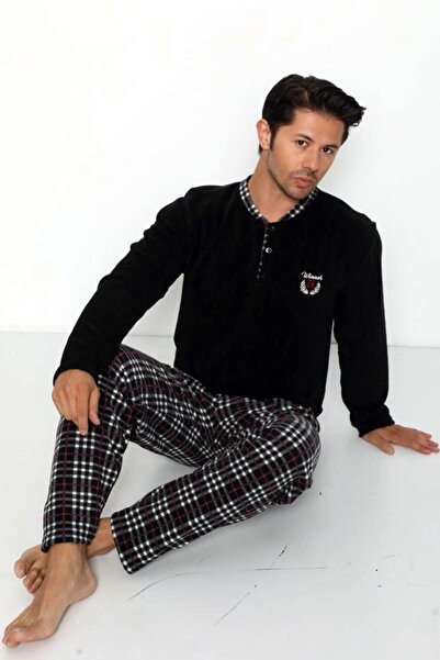 Pijamaevi Siyah Winner Baskılı Polar Erkek Pijama Takımı