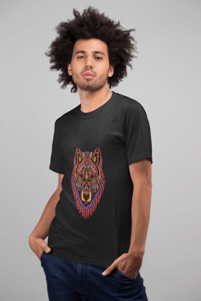 ErTaPassage Cap de lup negru cu imprimeu bărbați tricou - T7689767