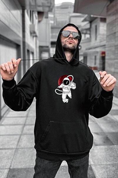 Trend Sizde Hanorac negru unisex cu glugă cu imprimeu astronaut