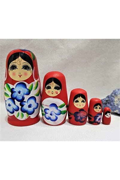 Genel Markalar Dekoratif Süpriz 5 Li Kırmızı İç İçe Geçen Ahşap Matruşka Bebek