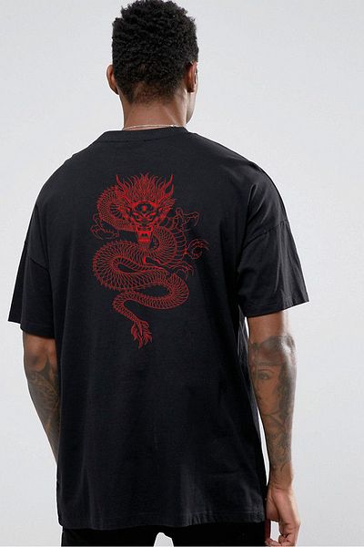SUNFREE Dragon Baskılı Oversize Unisex Μαύρο T-shirt