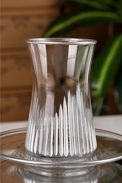 Paşabahçe 12 Pieces Silver Crystallized Cutting Art Tea Cup Teaware Set.