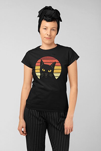 ErTaPassage Negru Retro pisică cu imprimeu Femei tricou - T7217533