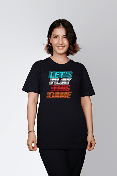 ErTaPassage Negru pentru femei Lets Play Written cu imprimeu Standard tricou ...