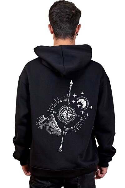 Trend Sizde Unisex crna majica sa kapuljačom Compass Back Štampano